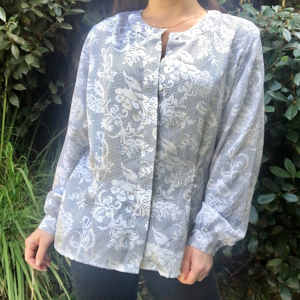 Vintage Print Silky Blouse Notations Sz 8